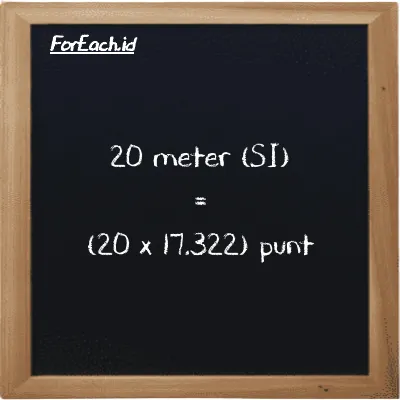 Cara konversi meter ke punt (m ke pnt): 20 meter (m) setara dengan 20 dikalikan dengan 17.322 punt (pnt)