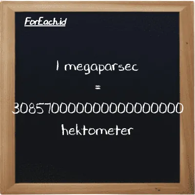 1 megaparsec setara dengan 308570000000000000000 hektometer (1 Mpc setara dengan 308570000000000000000 hm)