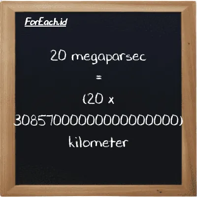Cara konversi megaparsec ke kilometer (Mpc ke km): 20 megaparsec (Mpc) setara dengan 20 dikalikan dengan 30857000000000000000 kilometer (km)