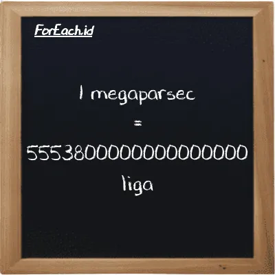 1 megaparsec setara dengan 5553800000000000000 liga (1 Mpc setara dengan 5553800000000000000 lg)