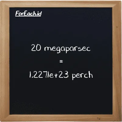 20 megaparsec setara dengan 1.2271e+23 perch (20 Mpc setara dengan 1.2271e+23 prc)