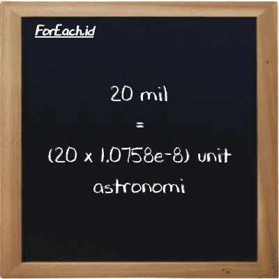 Cara konversi mil ke unit astronomi (mi ke au): 20 mil (mi) setara dengan 20 dikalikan dengan 1.0758e-8 unit astronomi (au)