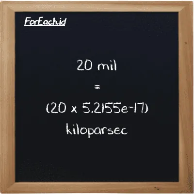 Cara konversi mil ke kiloparsec (mi ke kpc): 20 mil (mi) setara dengan 20 dikalikan dengan 5.2155e-17 kiloparsec (kpc)