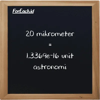 20 mikrometer setara dengan 1.3369e-16 unit astronomi (20 µm setara dengan 1.3369e-16 au)