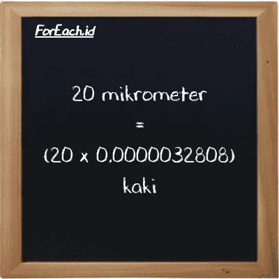 Cara konversi mikrometer ke kaki (µm ke ft): 20 mikrometer (µm) setara dengan 20 dikalikan dengan 0.0000032808 kaki (ft)