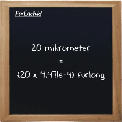 Cara konversi mikrometer ke furlong (µm ke fur): 20 mikrometer (µm) setara dengan 20 dikalikan dengan 4.971e-9 furlong (fur)