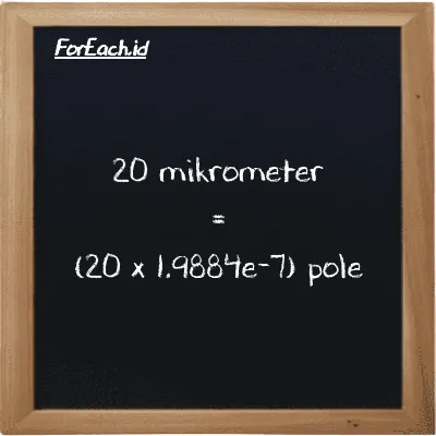 Cara konversi mikrometer ke pole (µm ke pl): 20 mikrometer (µm) setara dengan 20 dikalikan dengan 1.9884e-7 pole (pl)