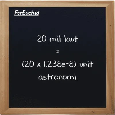 Cara konversi mil laut ke unit astronomi (nmi ke au): 20 mil laut (nmi) setara dengan 20 dikalikan dengan 1.238e-8 unit astronomi (au)