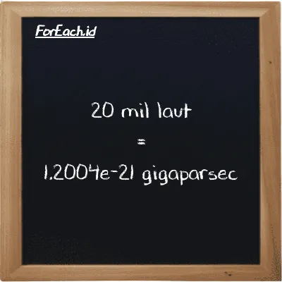 20 mil laut setara dengan 1.2004e-21 gigaparsec (20 nmi setara dengan 1.2004e-21 Gpc)