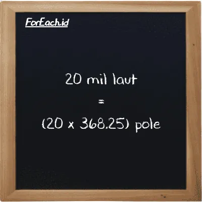 Cara konversi mil laut ke pole (nmi ke pl): 20 mil laut (nmi) setara dengan 20 dikalikan dengan 368.25 pole (pl)