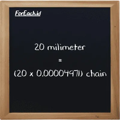 Cara konversi milimeter ke chain (mm ke ch): 20 milimeter (mm) setara dengan 20 dikalikan dengan 0.00004971 chain (ch)