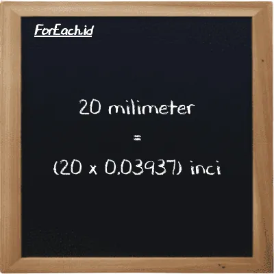 Cara konversi milimeter ke inci (mm ke in): 20 milimeter (mm) setara dengan 20 dikalikan dengan 0.03937 inci (in)