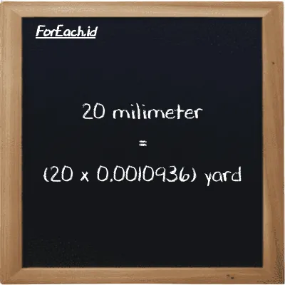 Cara konversi milimeter ke yard (mm ke yd): 20 milimeter (mm) setara dengan 20 dikalikan dengan 0.0010936 yard (yd)
