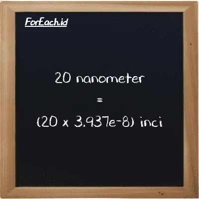 Cara konversi nanometer ke inci (nm ke in): 20 nanometer (nm) setara dengan 20 dikalikan dengan 3.937e-8 inci (in)