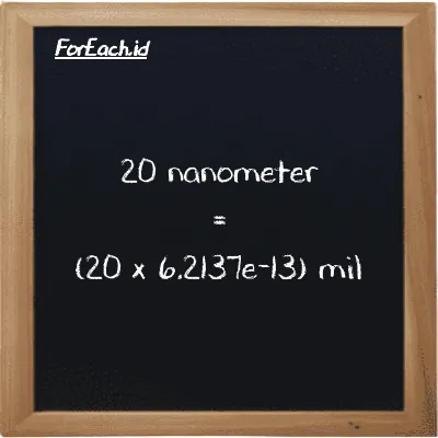 Cara konversi nanometer ke mil (nm ke mi): 20 nanometer (nm) setara dengan 20 dikalikan dengan 6.2137e-13 mil (mi)