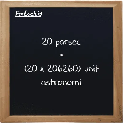 Cara konversi parsec ke unit astronomi (pc ke au): 20 parsec (pc) setara dengan 20 dikalikan dengan 206260 unit astronomi (au)