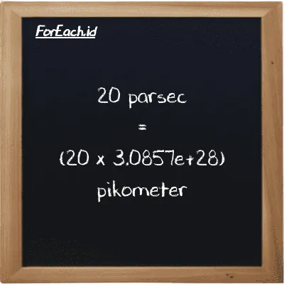 Cara konversi parsec ke pikometer (pc ke pm): 20 parsec (pc) setara dengan 20 dikalikan dengan 3.0857e+28 pikometer (pm)