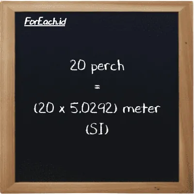 Cara konversi perch ke meter (prc ke m): 20 perch (prc) setara dengan 20 dikalikan dengan 5.0292 meter (m)