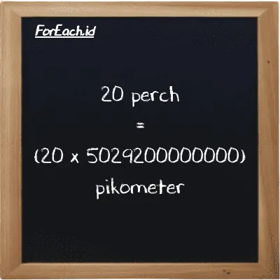 Cara konversi perch ke pikometer (prc ke pm): 20 perch (prc) setara dengan 20 dikalikan dengan 5029200000000 pikometer (pm)