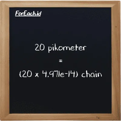 Cara konversi pikometer ke chain (pm ke ch): 20 pikometer (pm) setara dengan 20 dikalikan dengan 4.971e-14 chain (ch)