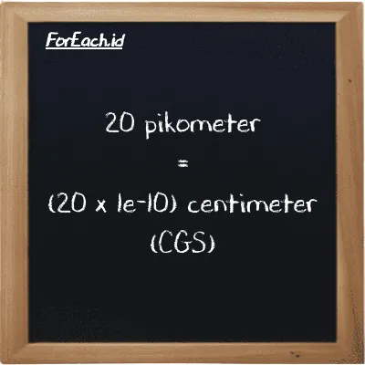 Cara konversi pikometer ke centimeter (pm ke cm): 20 pikometer (pm) setara dengan 20 dikalikan dengan 1e-10 centimeter (cm)