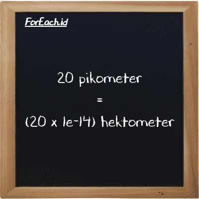 Cara konversi pikometer ke hektometer (pm ke hm): 20 pikometer (pm) setara dengan 20 dikalikan dengan 1e-14 hektometer (hm)