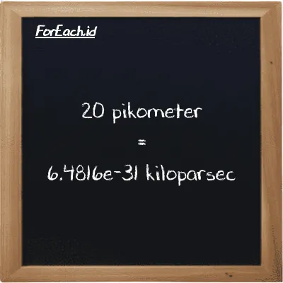 20 pikometer setara dengan 6.4816e-31 kiloparsec (20 pm setara dengan 6.4816e-31 kpc)