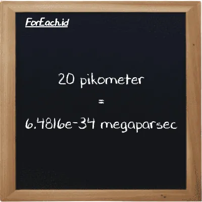 20 pikometer setara dengan 6.4816e-34 megaparsec (20 pm setara dengan 6.4816e-34 Mpc)