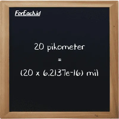 Cara konversi pikometer ke mil (pm ke mi): 20 pikometer (pm) setara dengan 20 dikalikan dengan 6.2137e-16 mil (mi)