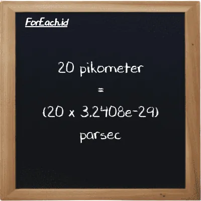 Cara konversi pikometer ke parsec (pm ke pc): 20 pikometer (pm) setara dengan 20 dikalikan dengan 3.2408e-29 parsec (pc)