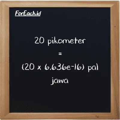 Cara konversi pikometer ke pal jawa (pm ke pj): 20 pikometer (pm) setara dengan 20 dikalikan dengan 6.636e-16 pal jawa (pj)