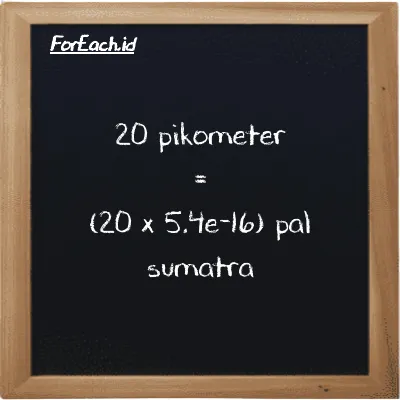 Cara konversi pikometer ke pal sumatra (pm ke ps): 20 pikometer (pm) setara dengan 20 dikalikan dengan 5.4e-16 pal sumatra (ps)