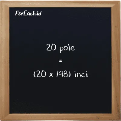 Cara konversi pole ke inci (pl ke in): 20 pole (pl) setara dengan 20 dikalikan dengan 198 inci (in)