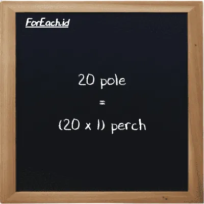 Cara konversi pole ke perch (pl ke prc): 20 pole (pl) setara dengan 20 dikalikan dengan 1 perch (prc)