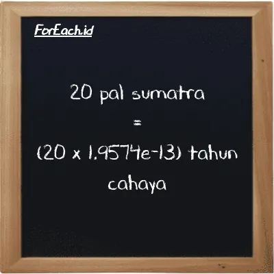 Cara konversi pal sumatra ke tahun cahaya (ps ke ly): 20 pal sumatra (ps) setara dengan 20 dikalikan dengan 1.9574e-13 tahun cahaya (ly)