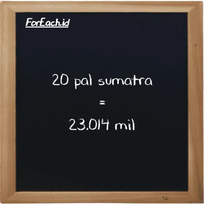 20 pal sumatra setara dengan 23.014 mil (20 ps setara dengan 23.014 mi)