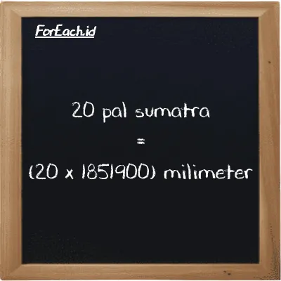 Cara konversi pal sumatra ke milimeter (ps ke mm): 20 pal sumatra (ps) setara dengan 20 dikalikan dengan 1851900 milimeter (mm)