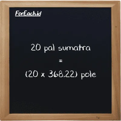 Cara konversi pal sumatra ke pole (ps ke pl): 20 pal sumatra (ps) setara dengan 20 dikalikan dengan 368.22 pole (pl)