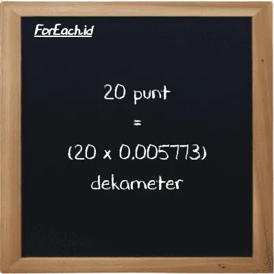 Cara konversi punt ke dekameter (pnt ke dam): 20 punt (pnt) setara dengan 20 dikalikan dengan 0.005773 dekameter (dam)