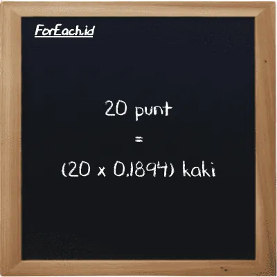 Cara konversi punt ke kaki (pnt ke ft): 20 punt (pnt) setara dengan 20 dikalikan dengan 0.1894 kaki (ft)