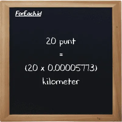 Cara konversi punt ke kilometer (pnt ke km): 20 punt (pnt) setara dengan 20 dikalikan dengan 0.00005773 kilometer (km)