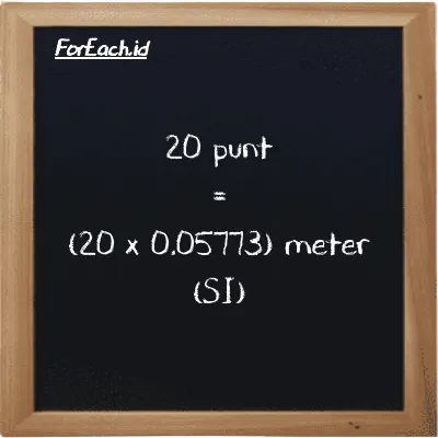 Cara konversi punt ke meter (pnt ke m): 20 punt (pnt) setara dengan 20 dikalikan dengan 0.05773 meter (m)