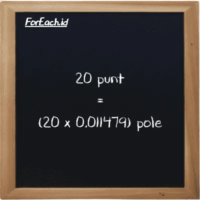 Cara konversi punt ke pole (pnt ke pl): 20 punt (pnt) setara dengan 20 dikalikan dengan 0.011479 pole (pl)