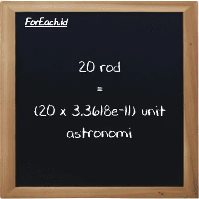 Cara konversi rod ke unit astronomi (rd ke au): 20 rod (rd) setara dengan 20 dikalikan dengan 3.3618e-11 unit astronomi (au)