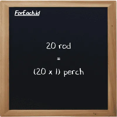 Cara konversi rod ke perch (rd ke prc): 20 rod (rd) setara dengan 20 dikalikan dengan 1 perch (prc)