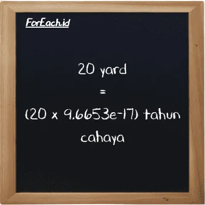 Cara konversi yard ke tahun cahaya (yd ke ly): 20 yard (yd) setara dengan 20 dikalikan dengan 9.6653e-17 tahun cahaya (ly)