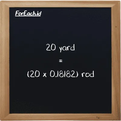 Cara konversi yard ke rod (yd ke rd): 20 yard (yd) setara dengan 20 dikalikan dengan 0.18182 rod (rd)