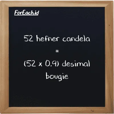 Cara konversi hefner candela ke desimal bougie (HC ke dec bougie): 52 hefner candela (HC) setara dengan 52 dikalikan dengan 0.9 desimal bougie (dec bougie)
