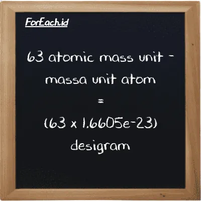 Cara konversi massa unit atom ke desigram (amu ke dg): 63 massa unit atom (amu) setara dengan 63 dikalikan dengan 1.6605e-23 desigram (dg)