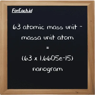 Cara konversi massa unit atom ke nanogram (amu ke ng): 63 massa unit atom (amu) setara dengan 63 dikalikan dengan 1.6605e-15 nanogram (ng)